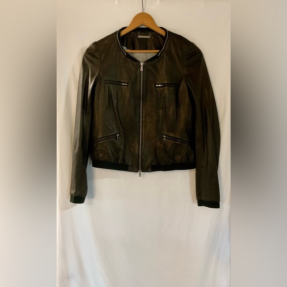 Diane Von Furstenberg Black Leather Jacket with zip off draw string hood - Picture 3 of 11